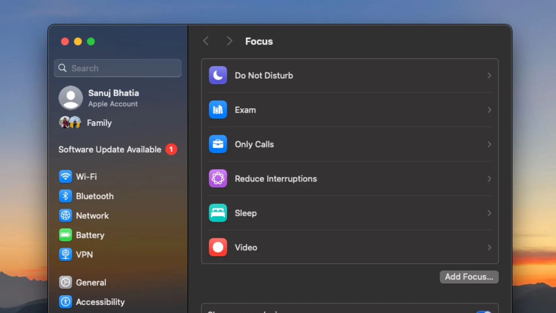 Cài đặt Chế độ Tập trung (Focus Mode) trên macOS với các tùy chọn chi tiết để quản lý thông báo và tối ưu sự tập trung