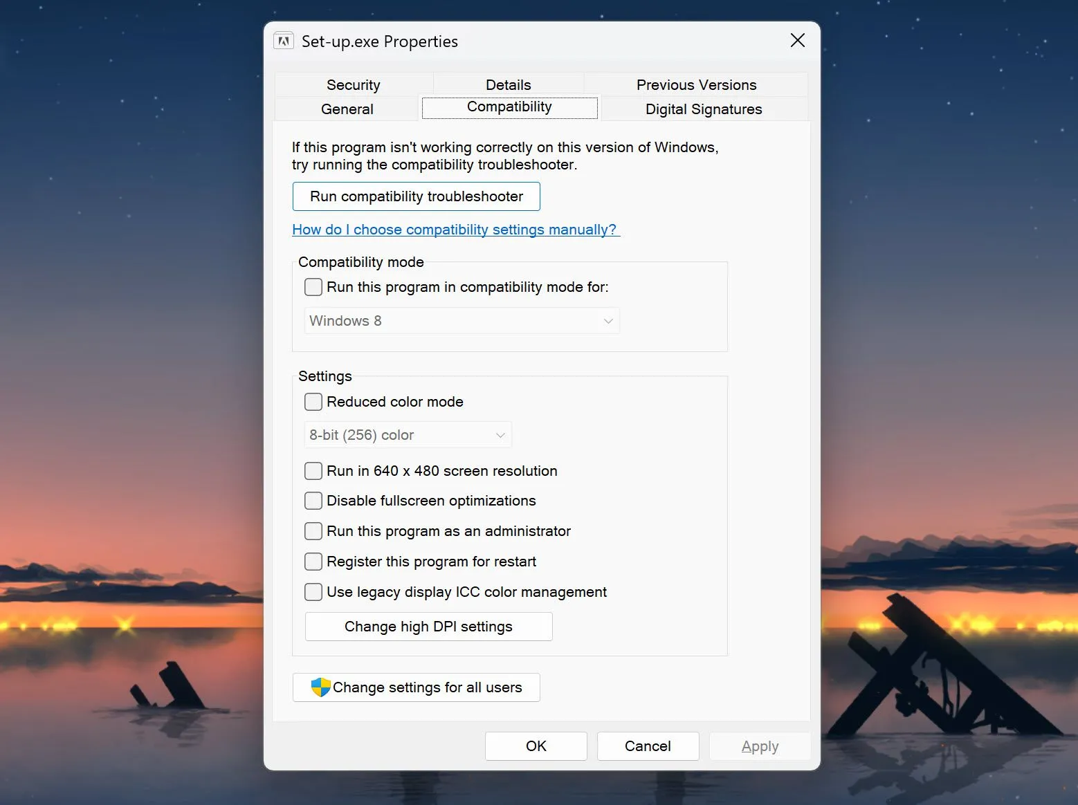Cài đặt chế độ tương thích trên Windows 11 trong cửa sổ Properties của ứng dụng