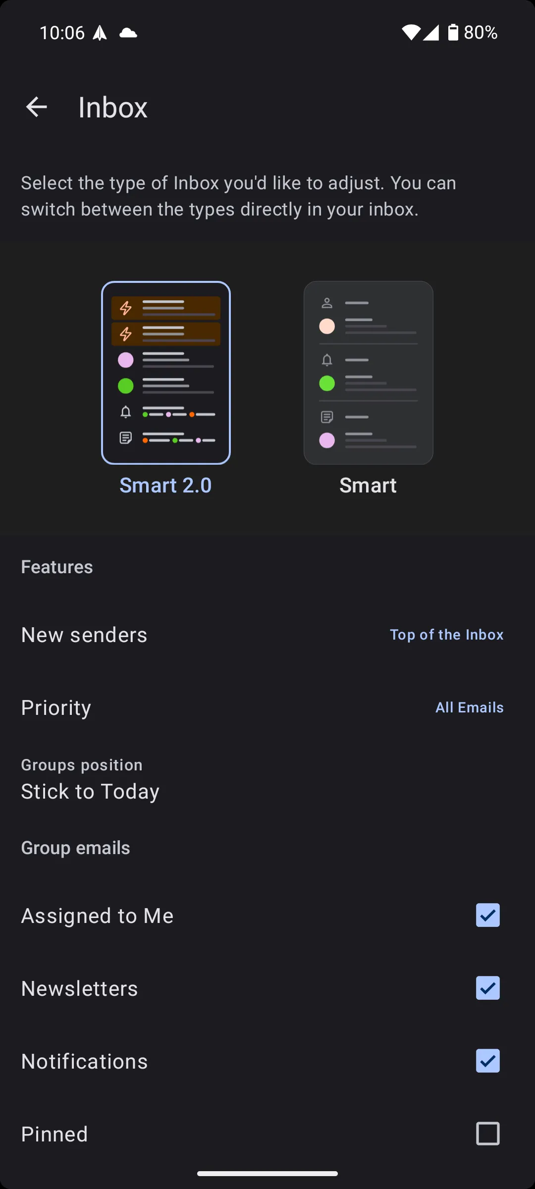 Cài đặt chế độ xem Smart 2.0 trong Spark Mail, cho phép người dùng tùy chỉnh để tăng cường sự tập trung.