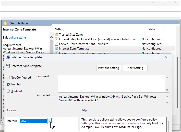 Cài đặt chính sách Mẫu Vùng Internet mở trong Group Policy Editor để cấu hình mức bảo mật