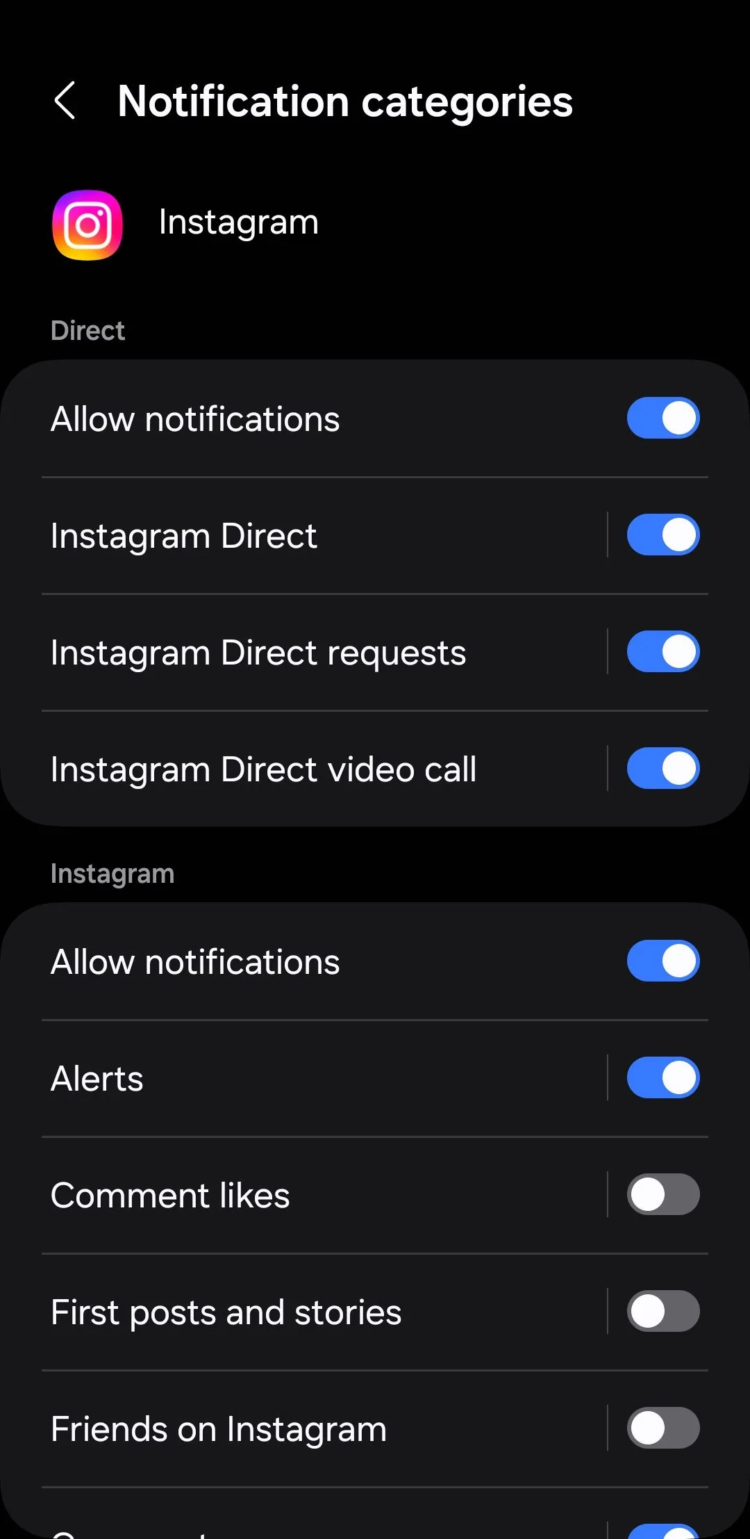 Cài đặt danh mục thông báo Instagram trên Android