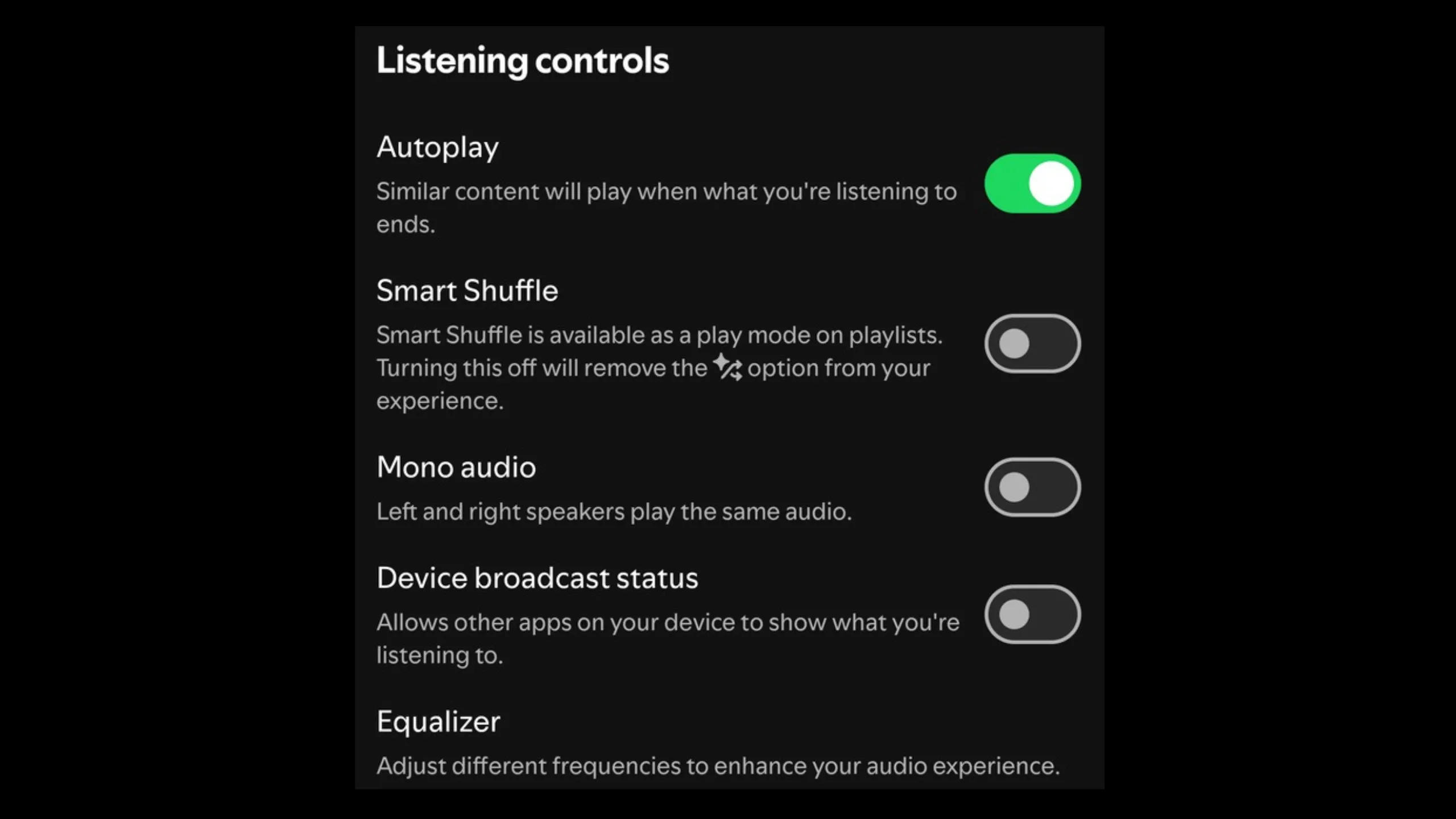 Cài đặt điều khiển nghe nhạc (Listening controls) của Spotify, hiển thị tùy chọn tắt Smart Shuffle cho người dùng có giao diện khác.