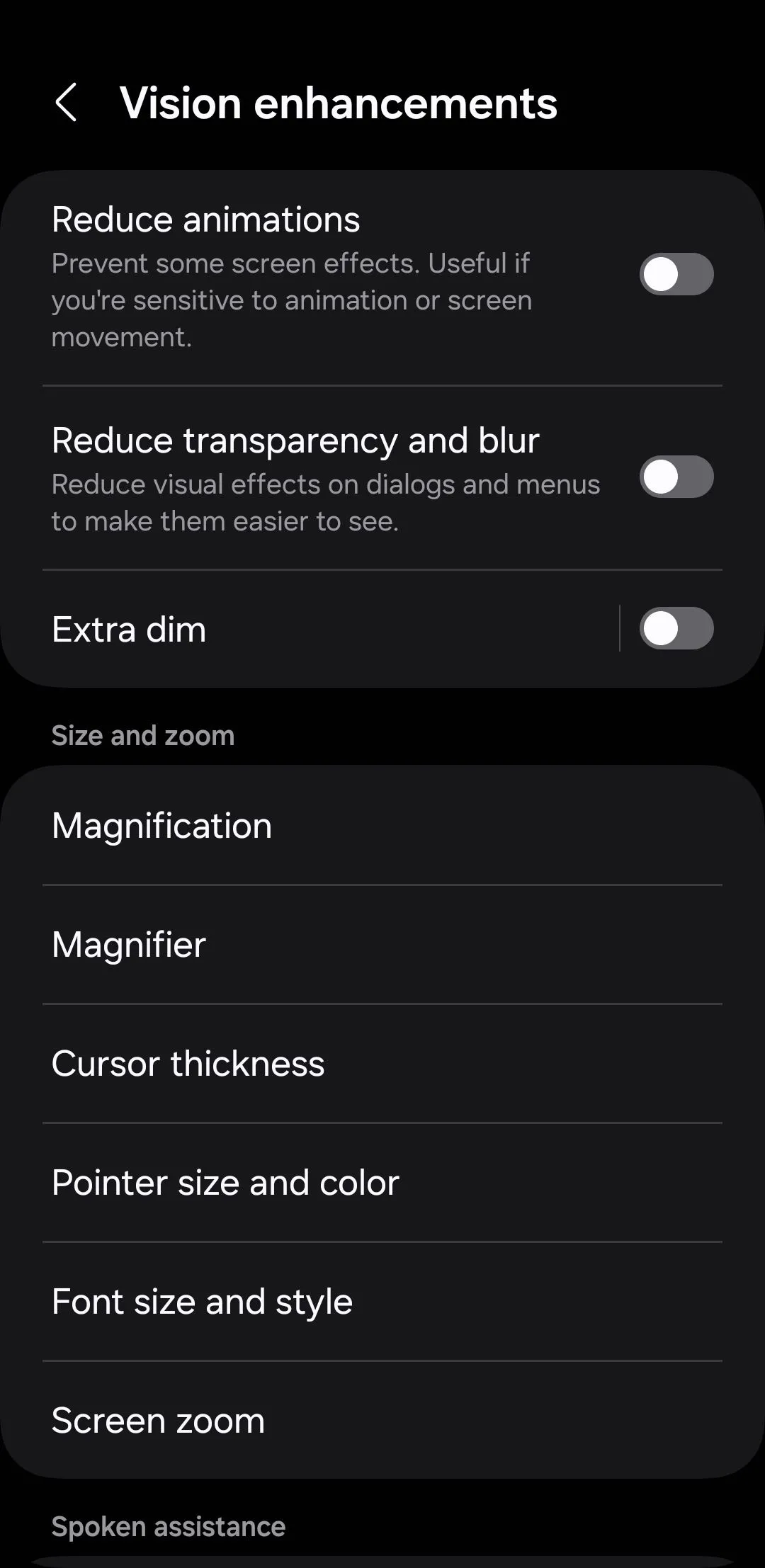 Cài đặt giảm độ sáng màn hình (Extra dim) trong phần Cải thiện khả năng hiển thị trên Android