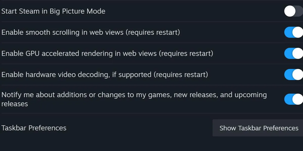 Cài đặt giao diện Steam để tắt tăng tốc GPU cho các chế độ xem web