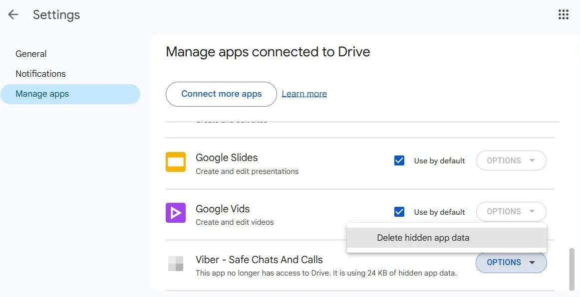 Cài đặt Google Drive mục &quot;Manage apps&quot; hiển thị các ứng dụng đã lưu dữ liệu, cho phép người dùng xóa dữ liệu ứng dụng không cần thiết