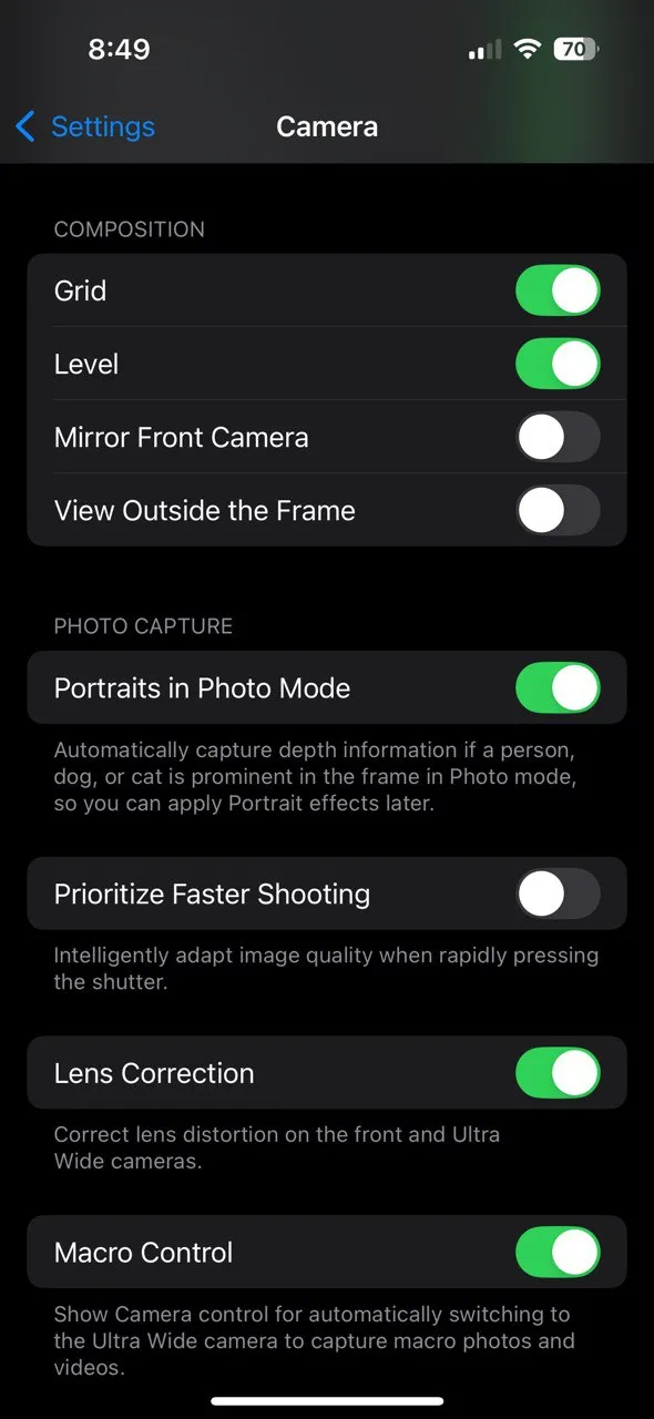 Cài đặt hiển thị lưới Quy tắc một phần ba trong ứng dụng camera trên iOS