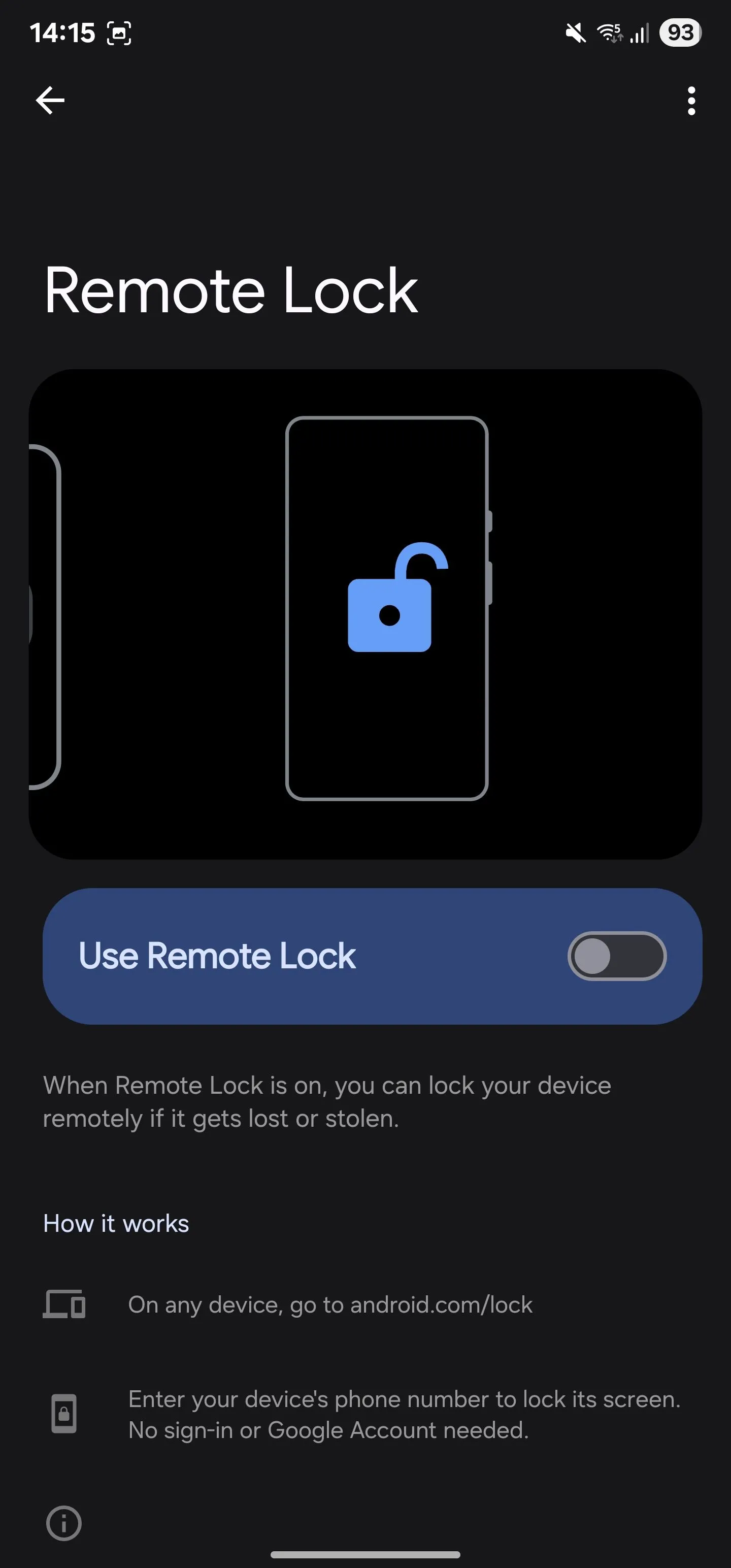 Cài đặt Khoá từ xa (Remote Lock) đang được bật trên điện thoại Samsung Galaxy