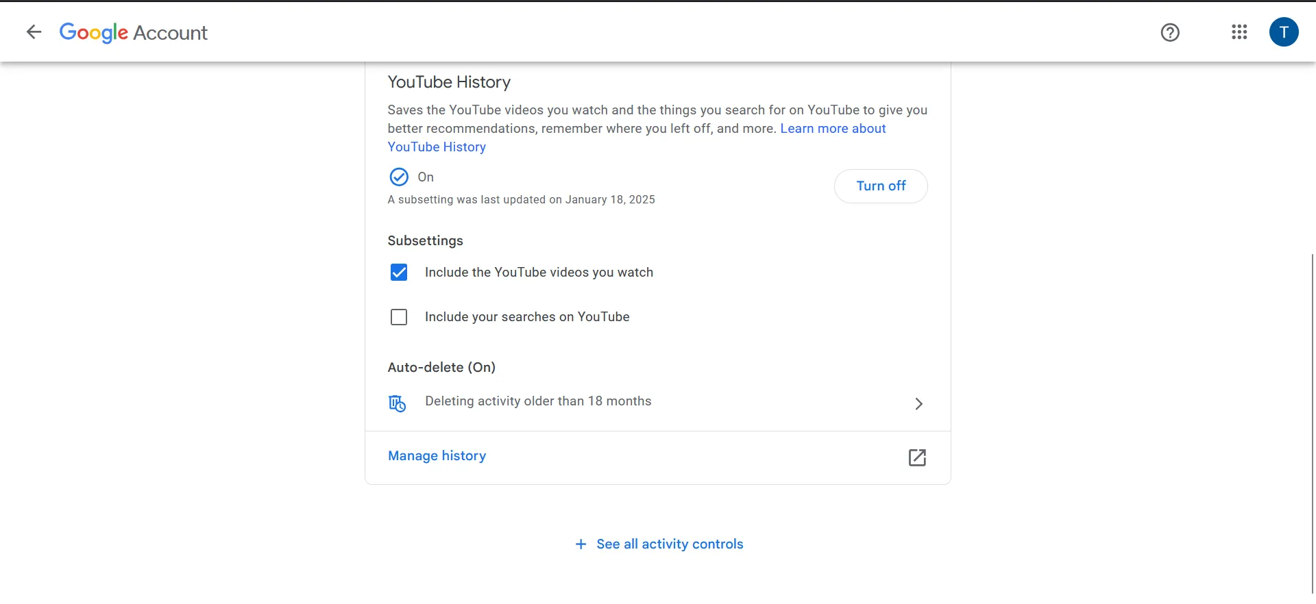Cài đặt kiểm soát lịch sử xem và tìm kiếm trên YouTube, giúp người dùng quản lý dữ liệu cá nhân để điều chỉnh đề xuất.