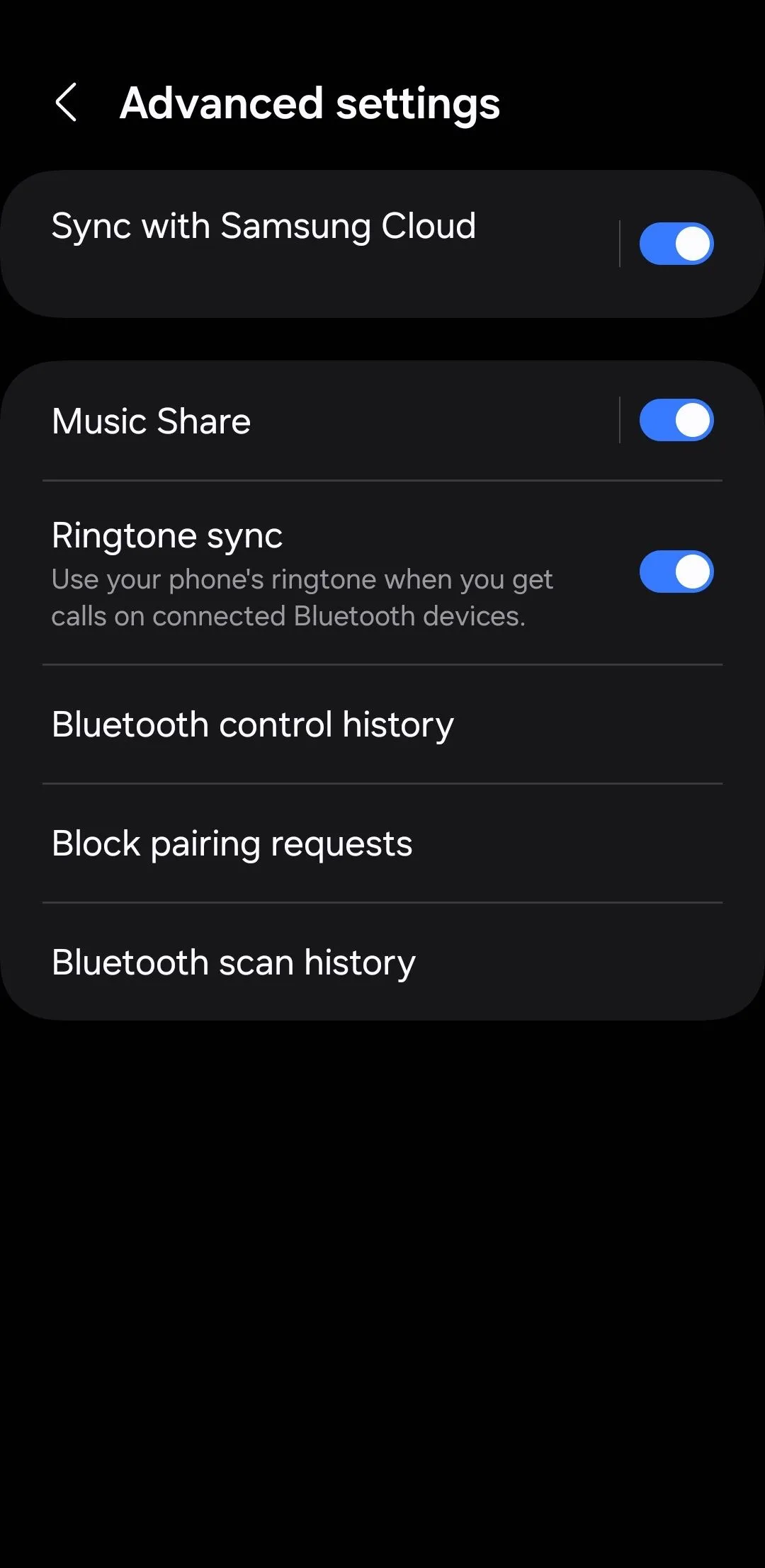 Cài đặt nâng cao Bluetooth trên điện thoại Samsung, nơi kích hoạt tính năng Music Share.