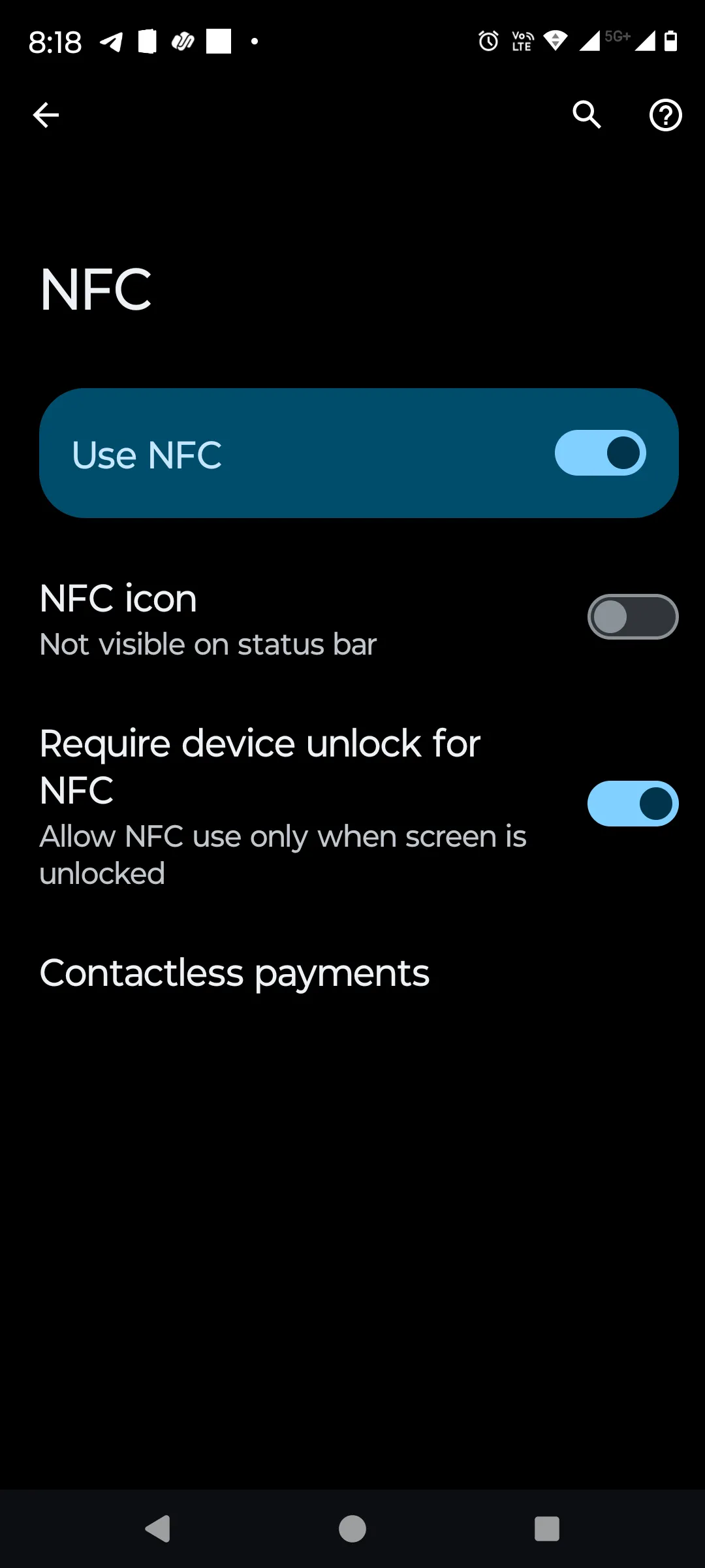 Cài đặt NFC (Near Field Communication) trên điện thoại Android, bao gồm tùy chọn yêu cầu mở khóa thiết bị trước khi thực hiện giao dịch hoặc kết nối NFC.