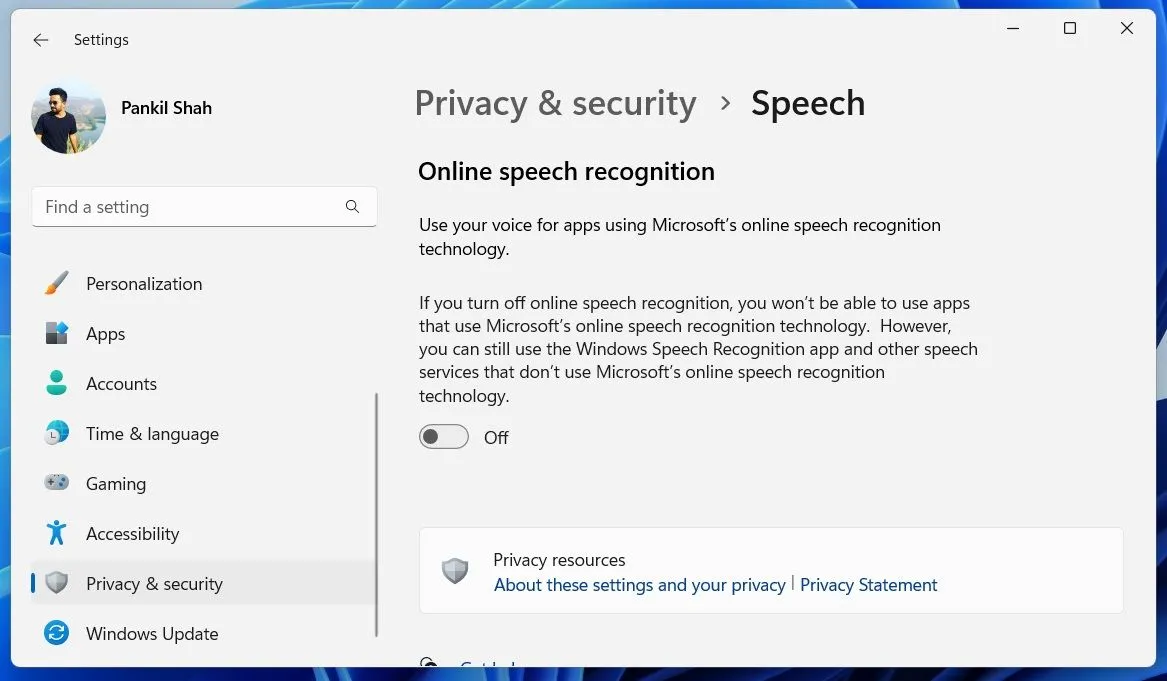 Cài đặt nhận dạng giọng nói trực tuyến trên Windows 11, cho phép người dùng vô hiệu hóa tính năng này để bảo vệ quyền riêng tư.