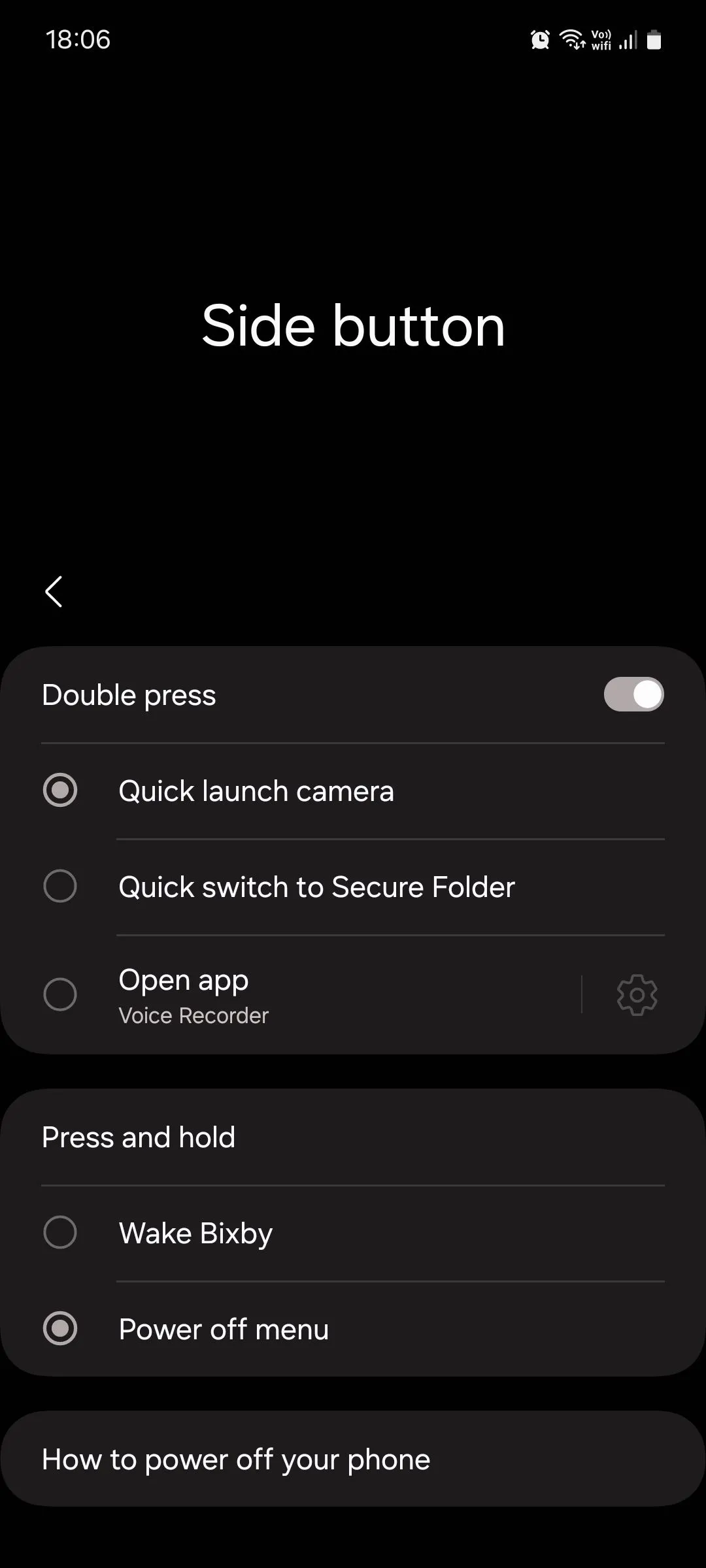 Cài đặt Nút cạnh trên giao diện Samsung One UI hiển thị các tùy chọn cho nút nguồn