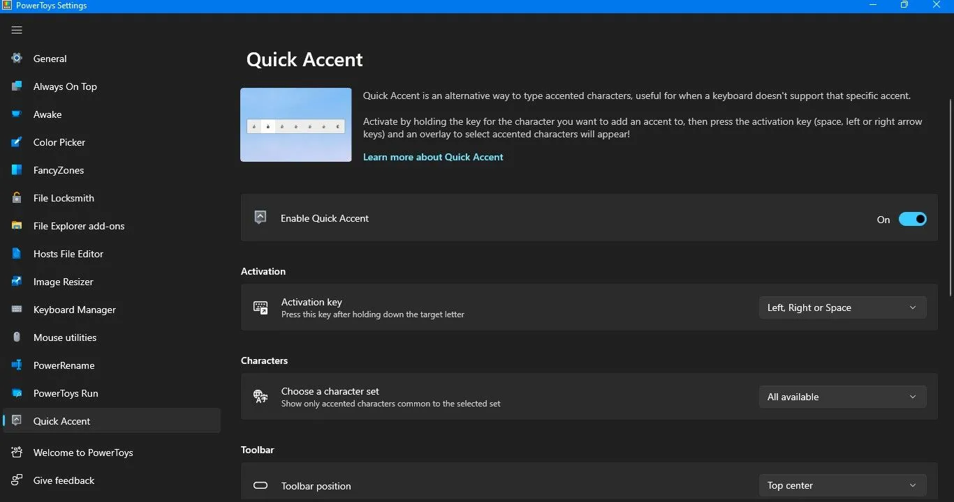 Cài đặt Quick Accent trong PowerToys hiển thị các tùy chọn cấu hình cho việc gõ dấu nhanh, bao gồm chọn ngôn ngữ và phím tắt.