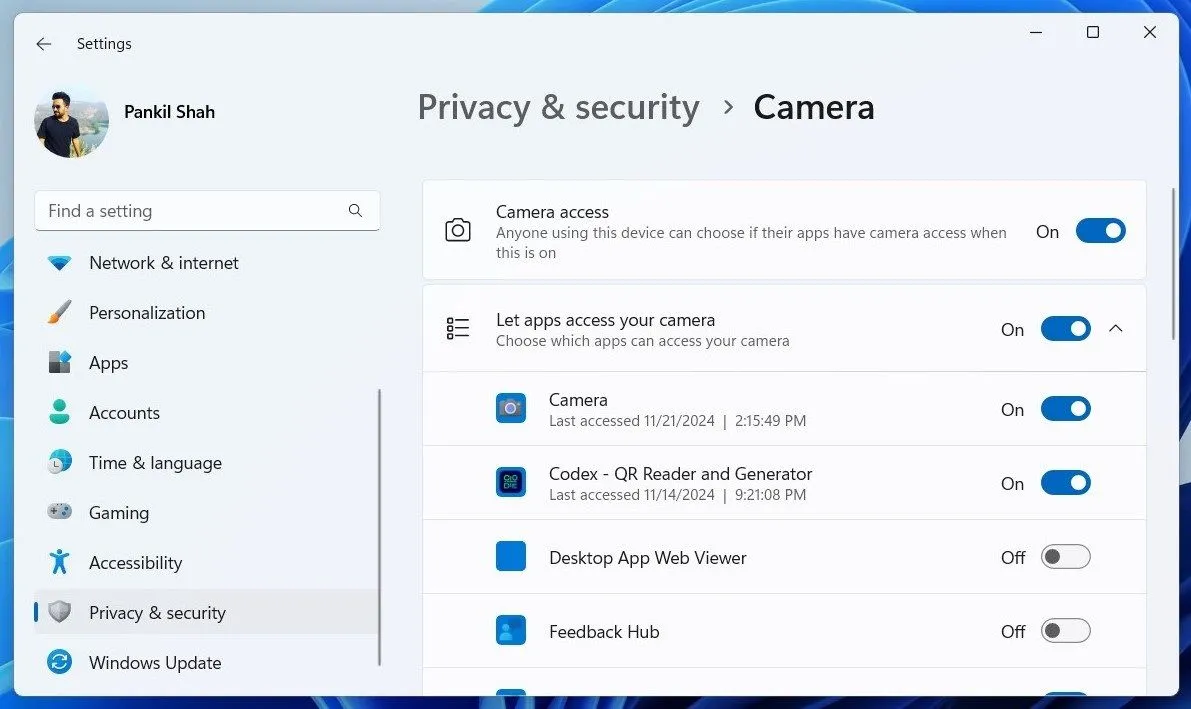 Cài đặt quyền truy cập camera cho ứng dụng trong mục Privacy &amp; security của Windows 11