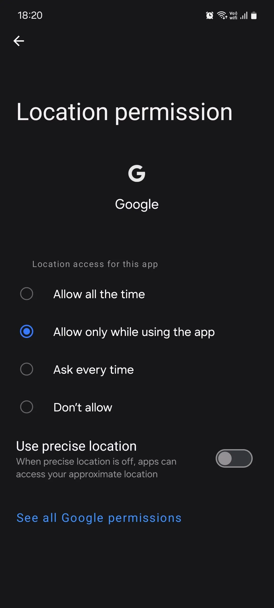 Cài đặt quyền vị trí trên Samsung One UI hiển thị các tùy chọn cho phép truy cập vị trí