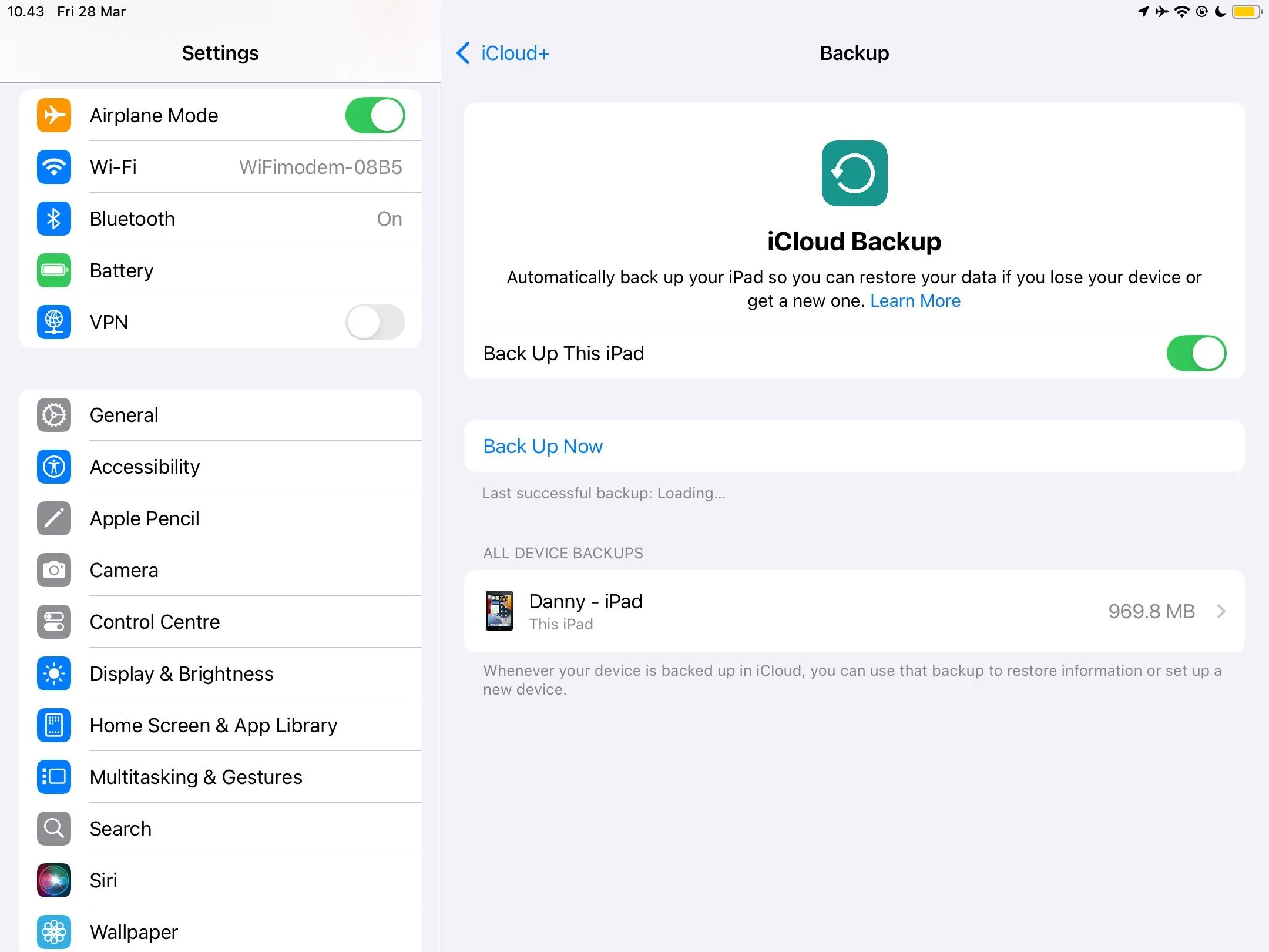 Cài đặt sao lưu đám mây iCloud trên iPad cho tính năng sao lưu tự động.