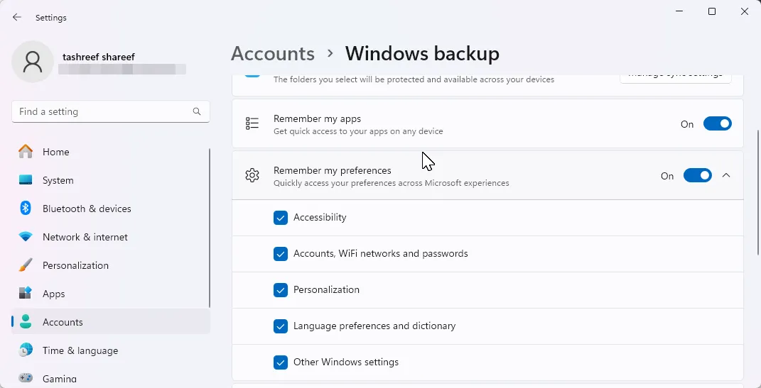 Cài đặt sao lưu Windows trên Windows 11 cho phép đồng bộ dữ liệu và cấu hình.