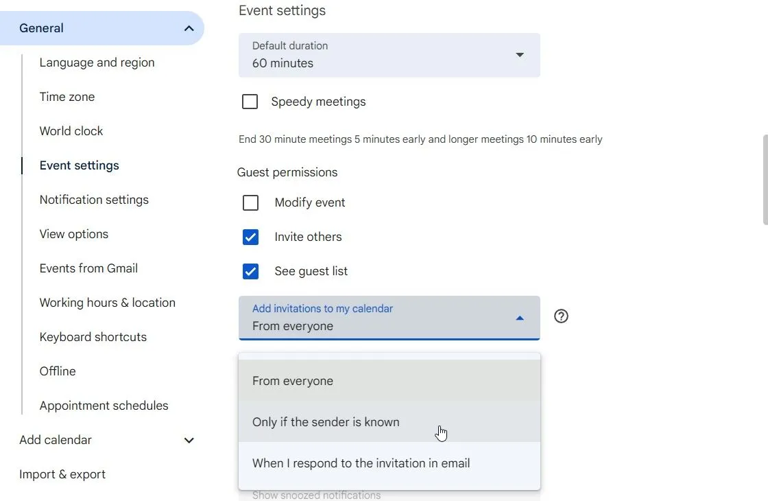 Cài đặt sự kiện trong Google Calendar giúp ngăn chặn lời mời từ người gửi không xác định