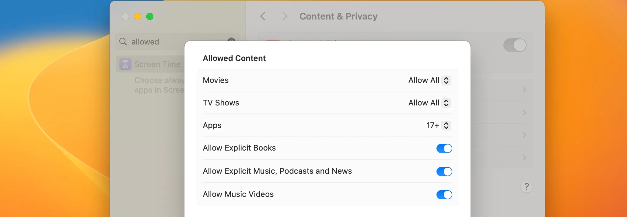 Cài đặt tắt 'Cho phép Nhạc, Podcast và Tin tức có nội dung nhạy cảm' trên Apple Music Mac