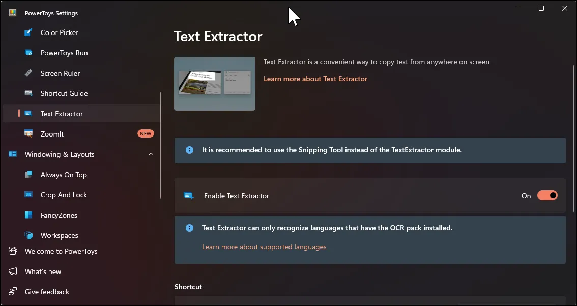 Cài đặt Text Extractor trong PowerToys cho phép người dùng cấu hình phím tắt và các tùy chọn khác cho việc trích xuất văn bản từ màn hình.