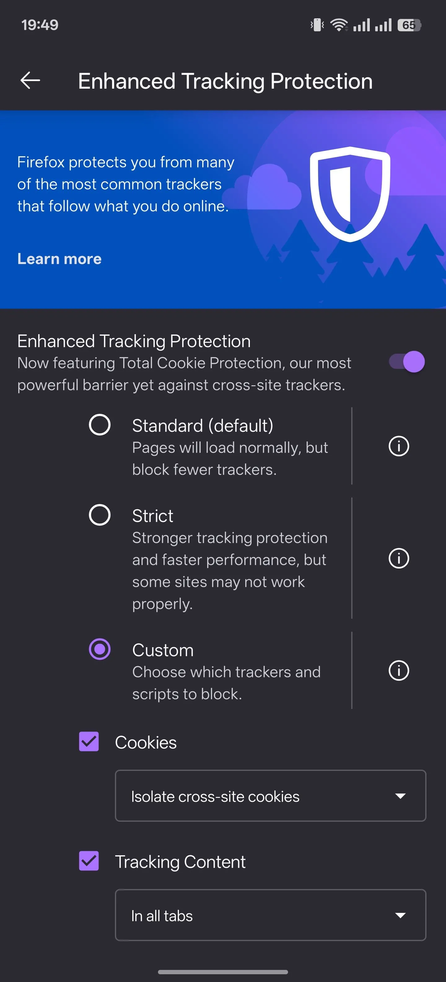 Cài đặt tính năng Bảo vệ theo dõi nâng cao trong trình duyệt Firefox trên Android, giúp tăng cường quyền riêng tư.