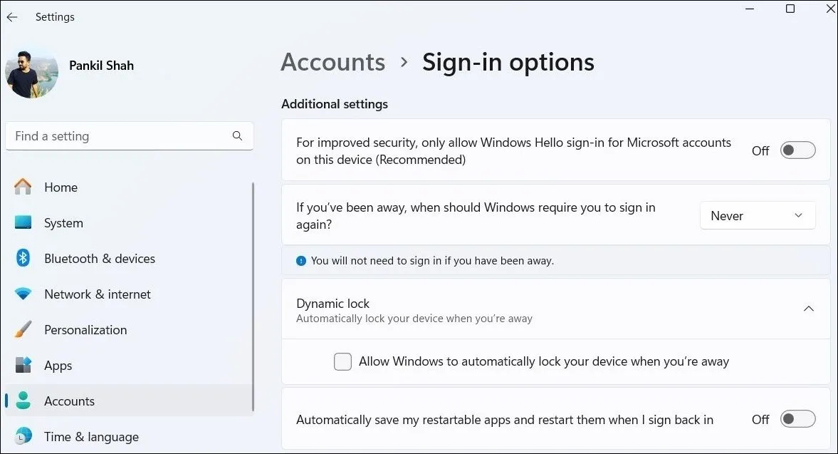 Cài đặt Tùy chọn Đăng nhập trong Windows 11 để kích hoạt Khóa Động