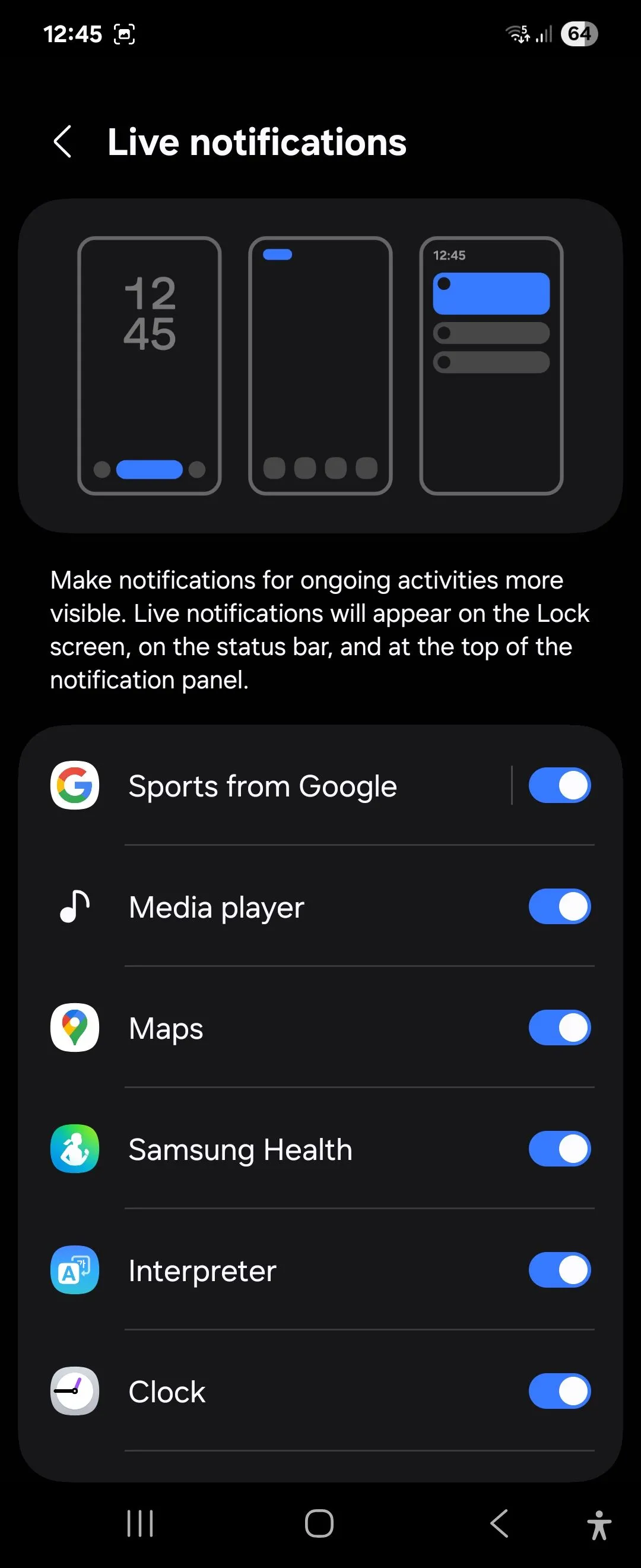 Cài đặt tùy chọn hiển thị Now Bar cho các ứng dụng như Media Player và Samsung Health trên Galaxy Z Flip 6