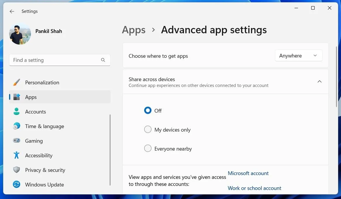 Cài đặt ứng dụng nâng cao trên Windows 11 với tùy chọn tắt tính năng chia sẻ giữa các thiết bị.