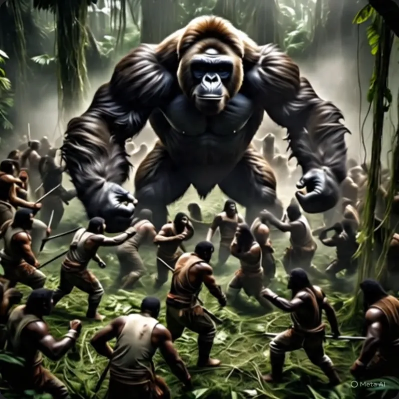 Cảnh 100 người đàn ông với giáo đối đầu với một con gorilla khổng lồ