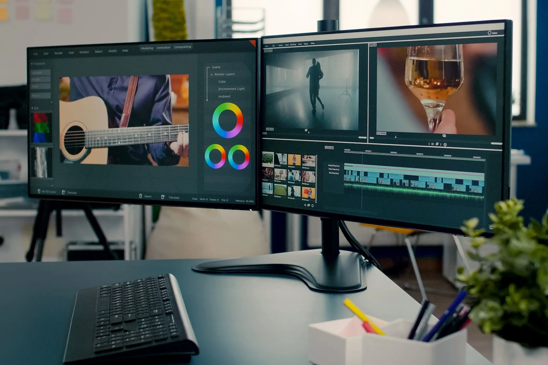 Cấu hình hai màn hình đang chạy phần mềm chỉnh sửa video