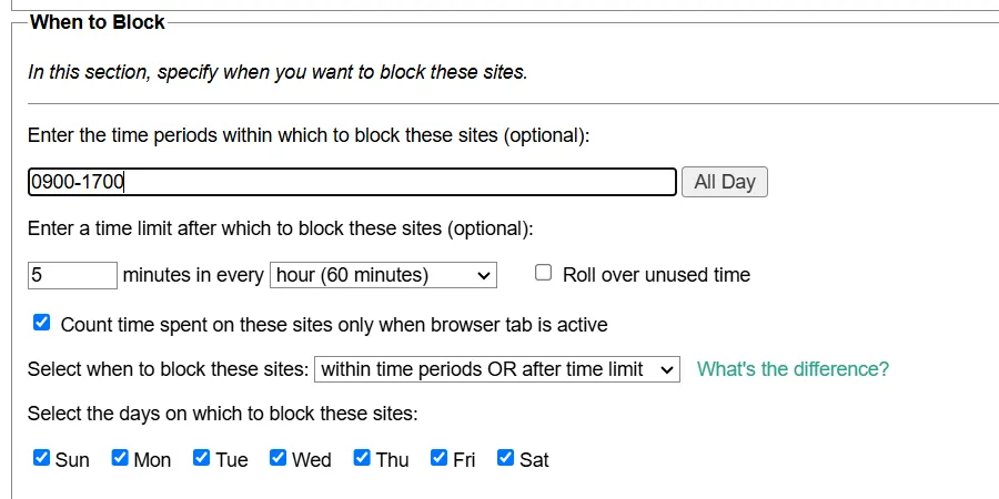 Cấu hình thời gian và giới hạn truy cập website trong phần &quot;When to Block&quot; của LeechBlock NG.