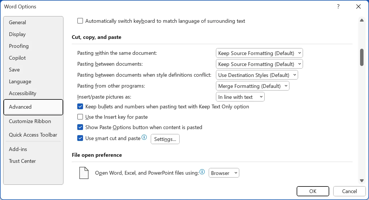 Cấu hình tùy chọn dán mặc định trong cài đặt nâng cao của Microsoft Word
