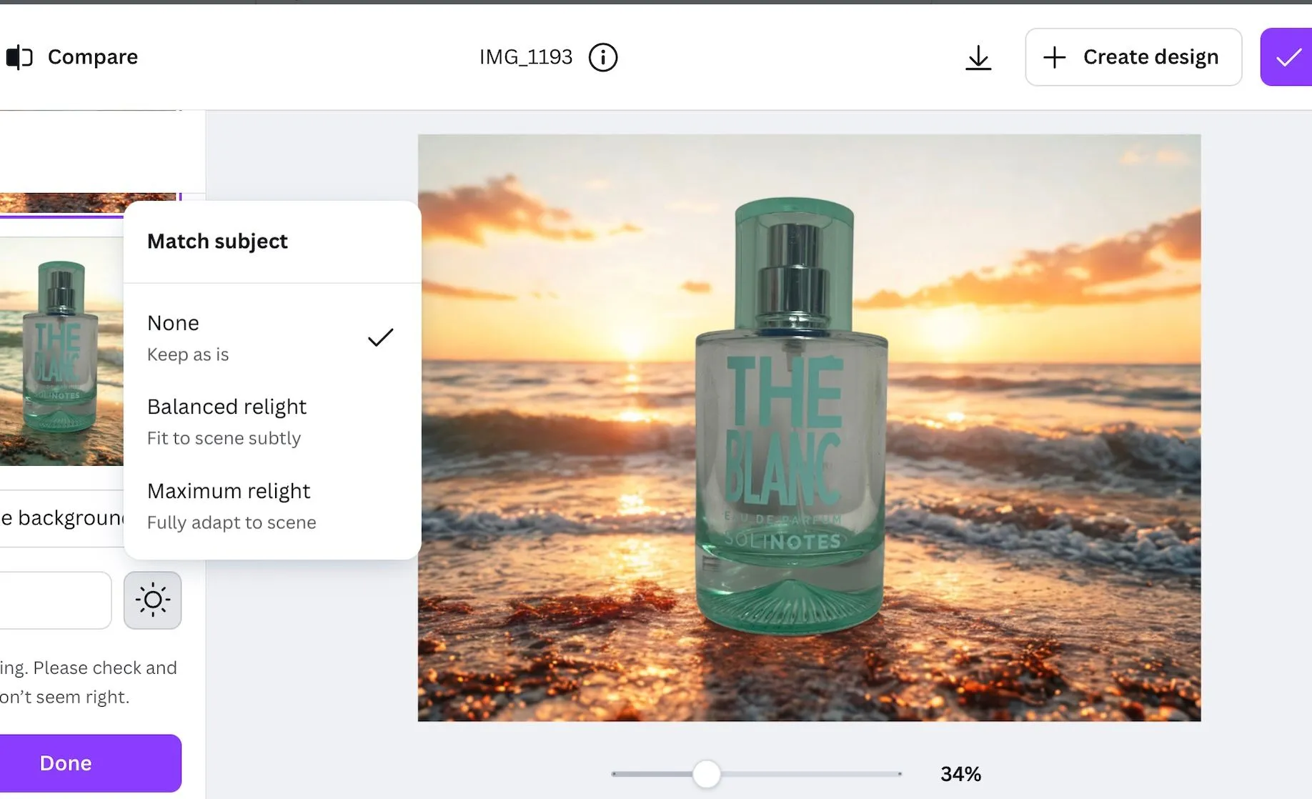 Chai nước hoa trên bãi biển, chưa áp dụng tính năng Relight của Canva
