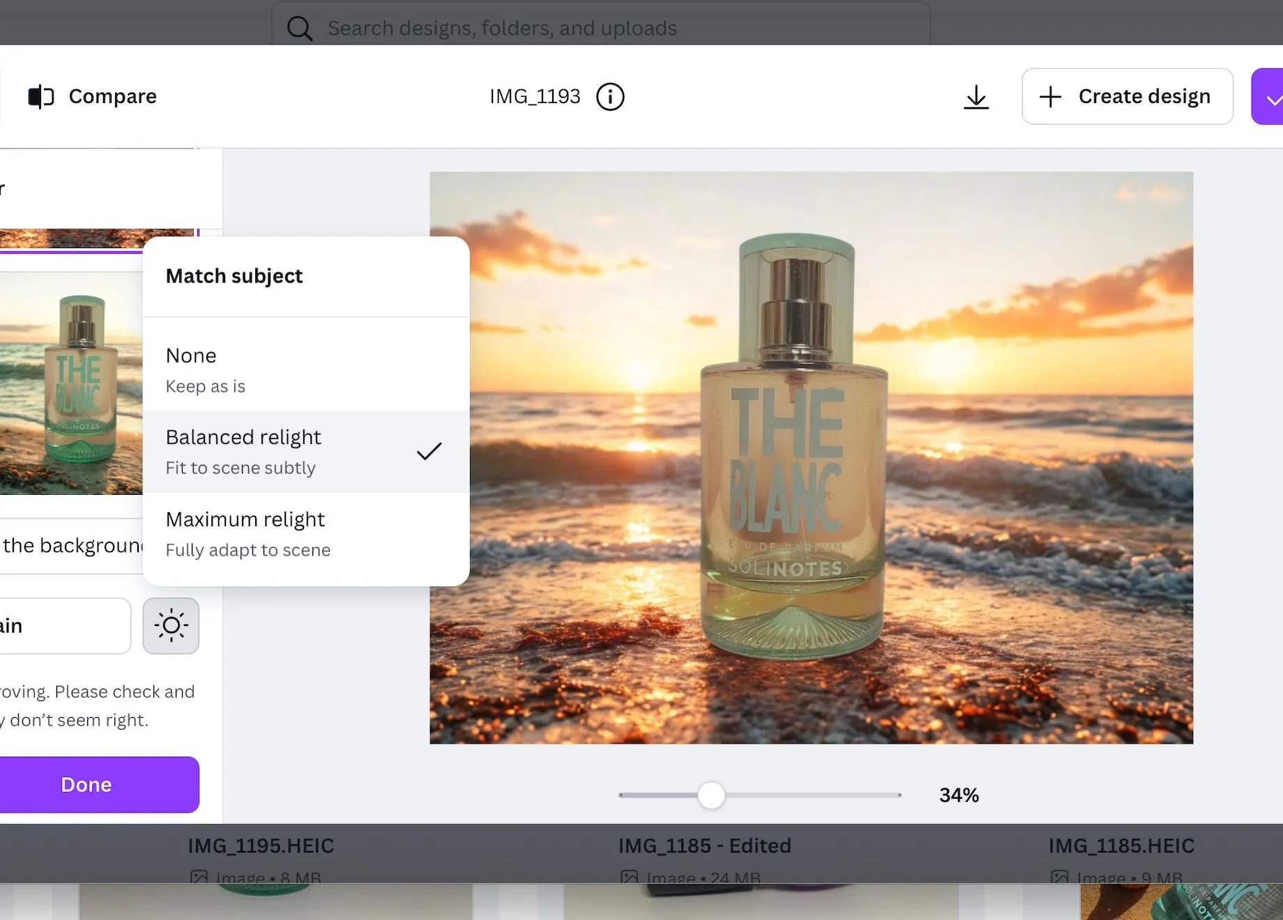 Chai nước hoa trên bãi biển, đã áp dụng tính năng Relight của Canva
