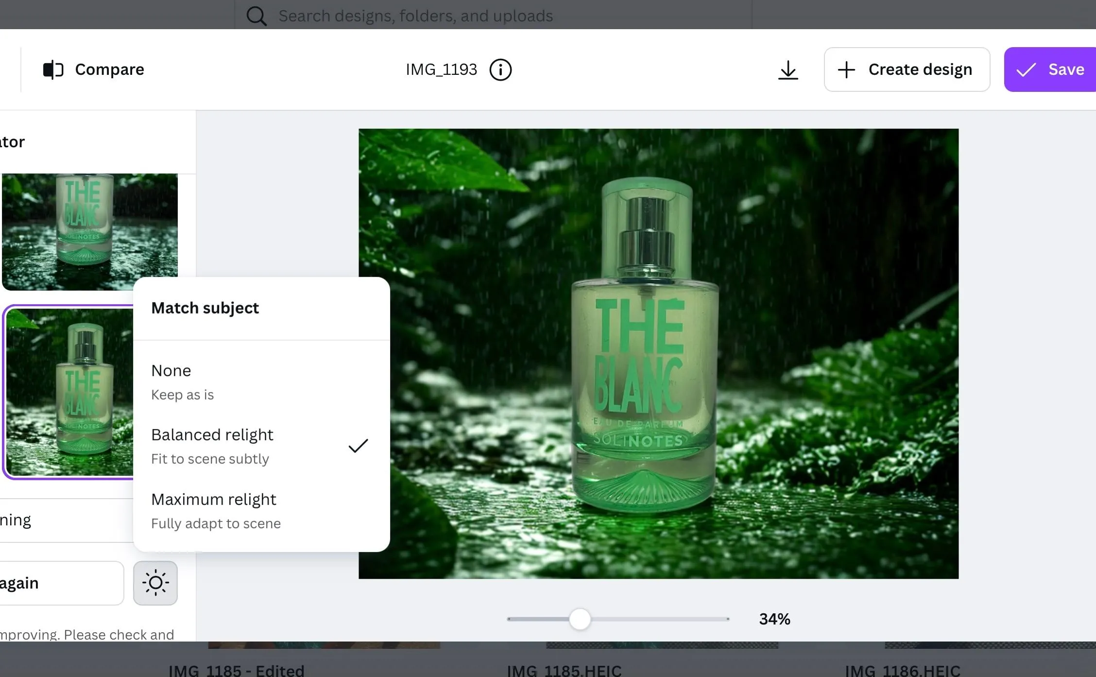 Chai nước hoa trong khung cảnh rừng rậm nhiệt đới, đã áp dụng tính năng Relight của Canva