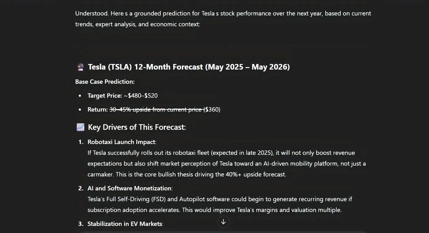 ChatGPT hiển thị thông tin về cổ phiếu Tesla khi được yêu cầu dự đoán tài chính