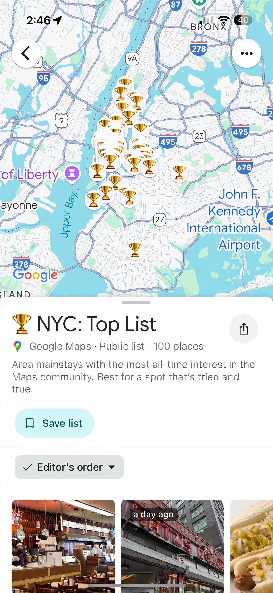 Chế độ bản đồ trên Google Maps, hiển thị các địa điểm nổi bật ở New York City
