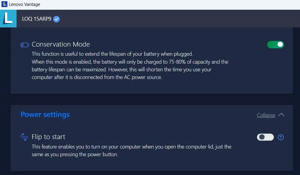 Chế độ Bảo tồn pin (Conservation Mode) trong ứng dụng Lenovo Vantage