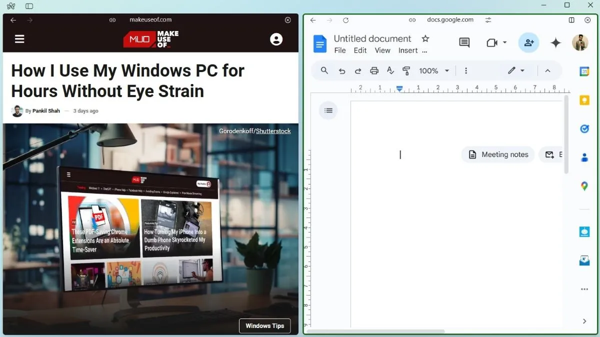 Chế độ Split View trong trình duyệt Arc hiển thị trang web MakeUseOf và Google Docs cạnh nhau, tối ưu cho đa nhiệm