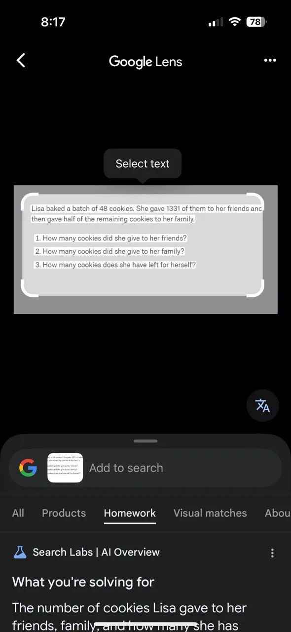 Chế độ trợ giúp làm bài tập (Homework Help) của ứng dụng Google sử dụng Google Lens để giải các vấn đề