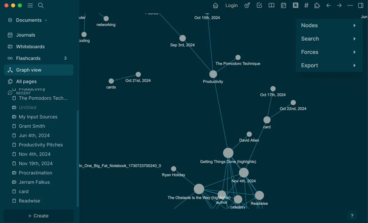 Chế độ xem đồ thị (Graph View) trong Logseq với các nút liên kết đến 'Productivity', thể hiện mạng lưới liên kết giữa các ý tưởng và ghi chú.