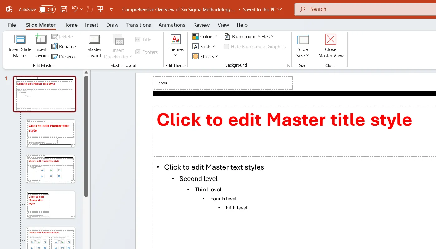 Chế độ xem Slide Master trong PowerPoint, hiển thị các bố cục slide tổng thể để chỉnh sửa đồng bộ.