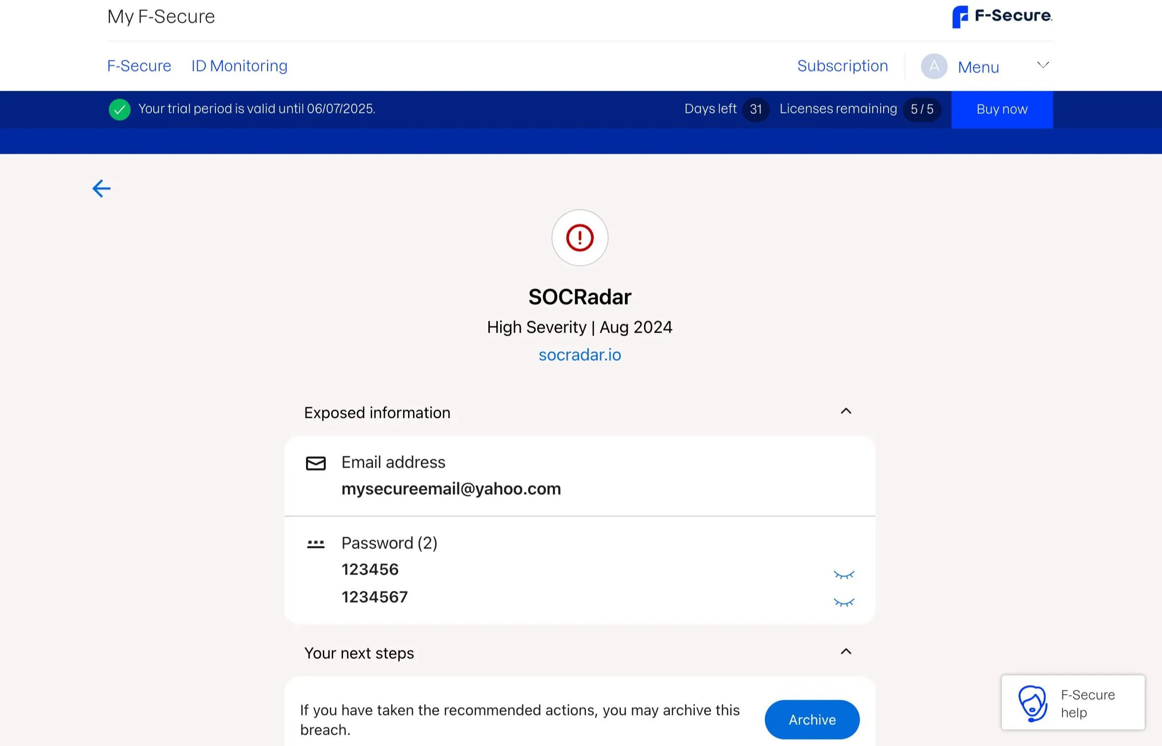 Chi tiết về một vụ rò rỉ dữ liệu cá nhân trên F-Secure, hiển thị thông tin bị lộ và mức độ nghiêm trọng
