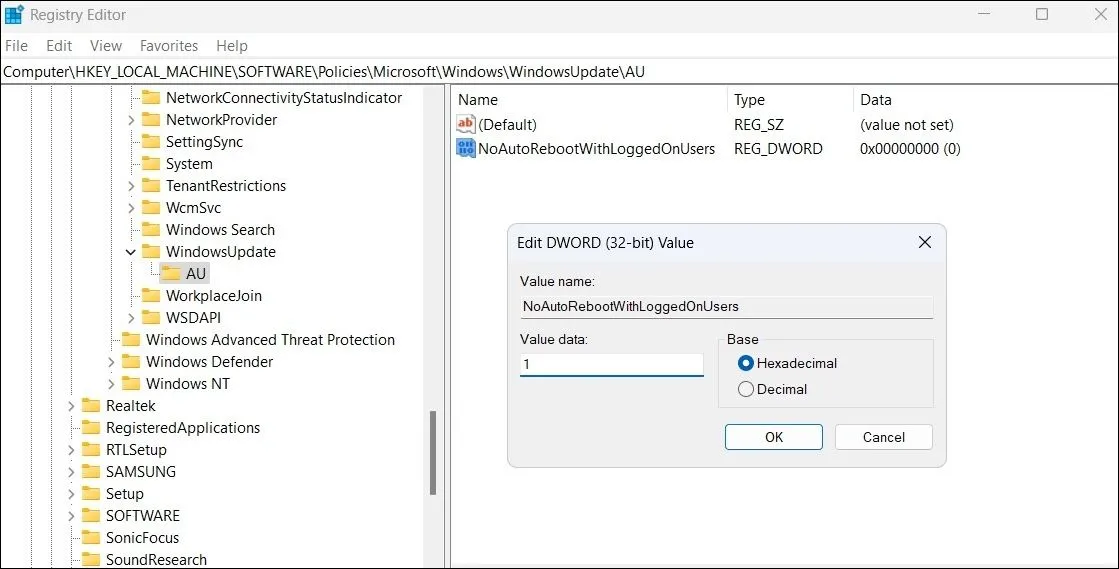 Chỉnh sửa giá trị DWORD trong cửa sổ Registry Editor để ngăn khởi động lại