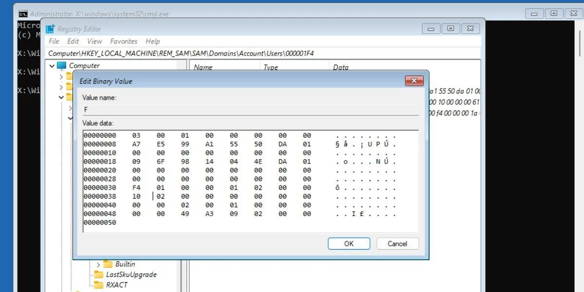 Chỉnh sửa giá trị nhị phân F trong Registry Editor để kích hoạt tài khoản quản trị viên tích hợp trên Windows.