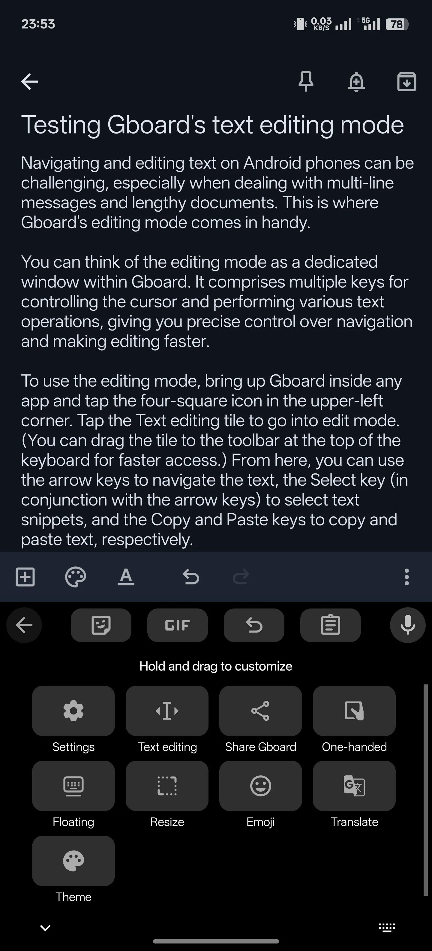 Chọn biểu tượng Chỉnh sửa văn bản trong Gboard để truy cập chế độ điều hướng
