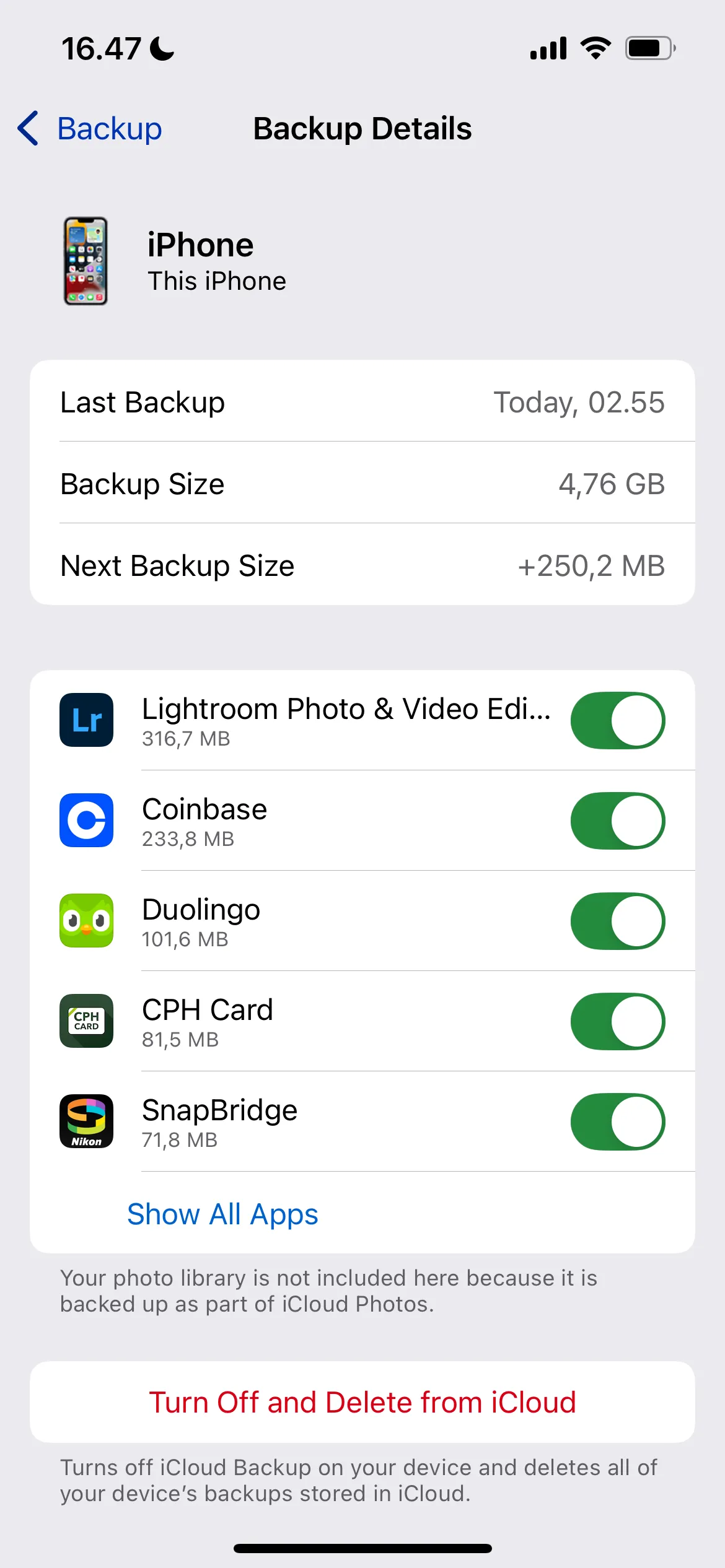 Chọn chi tiết sao lưu iCloud cho từng ứng dụng