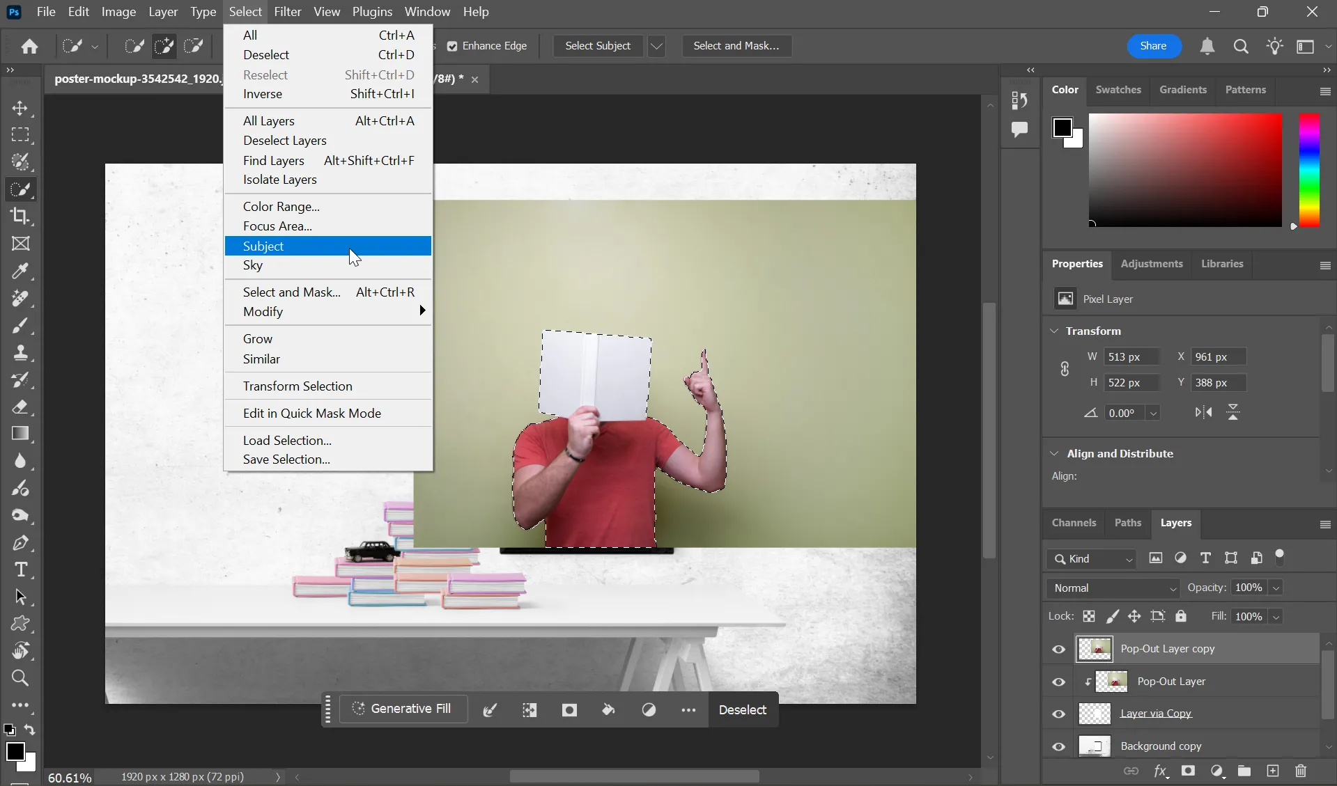 Chọn chủ thể để cắt rời cho hiệu ứng pop-out trong Photoshop bằng công cụ Select Subject, hiển thị đường chọn