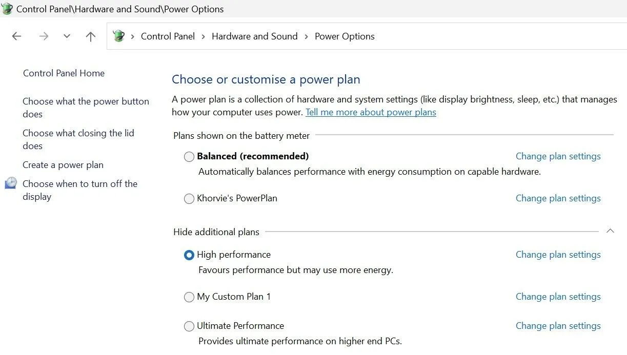 Chọn gói năng lượng hiệu suất cao trong Bảng điều khiển của Windows