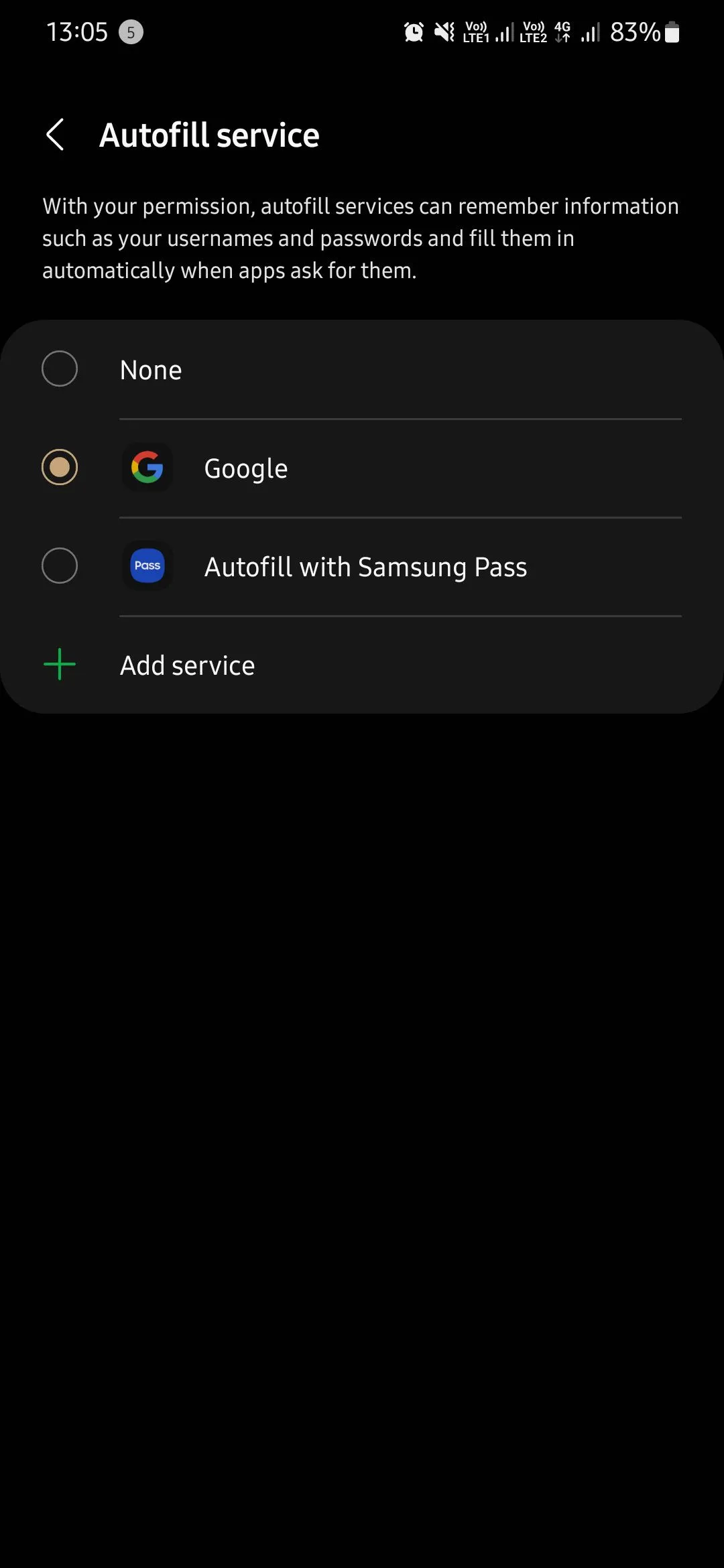 Chọn Google làm tùy chọn tự động điền mật khẩu trên giao diện điện thoại Samsung